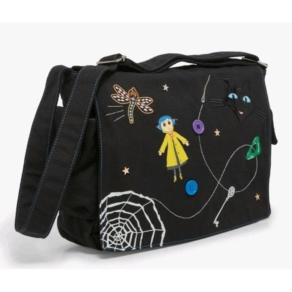 NEW Coraline Icons Glow-In-The-Dark Embroidered Messenger Bag 3D Buttons
